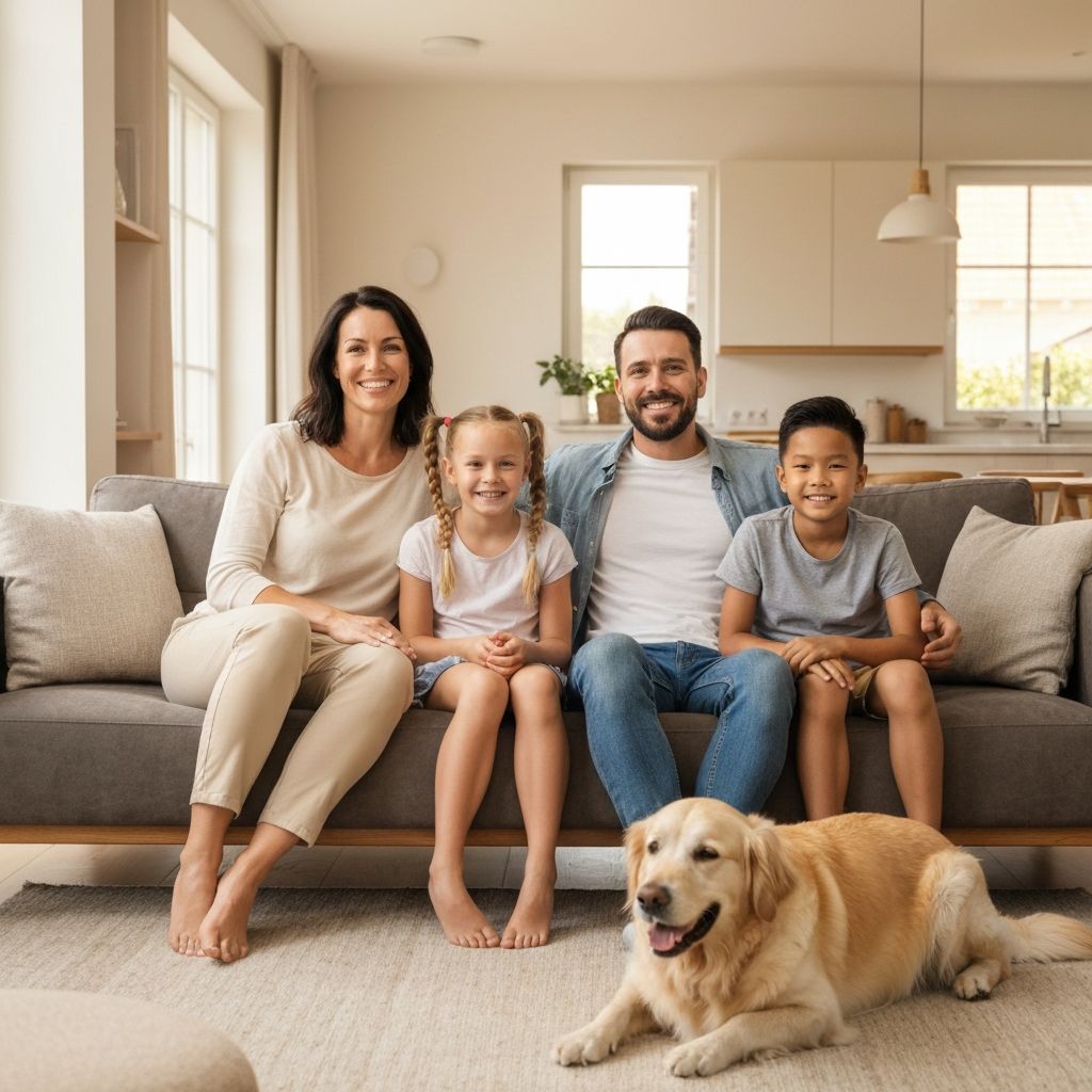 Familia feliz con perro en salón renovado en Valladolid